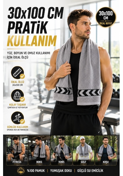 Gri 30x100 Cm %100 Pamuk 450 Gsm Spor Havlusu Fitness Gym Boks Tenis Golf Yüz Havlusu Yıkanabilir