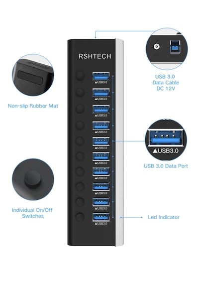 Alüminyum 5 Gbps 10 Port Usb 3.0 Data Hub 12w 3a Power Adaptör Çevirici Dönüştürücü 10 Girişli