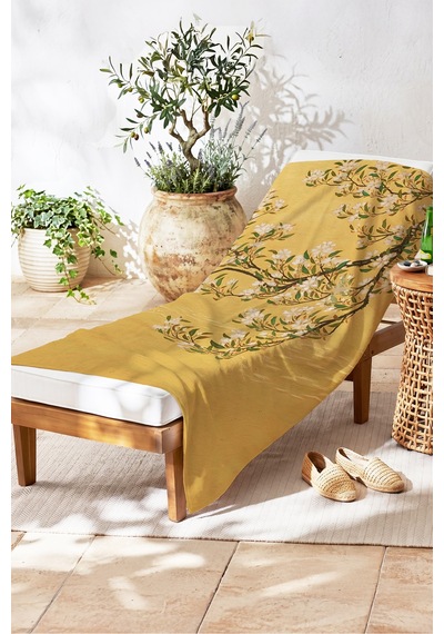 Çiçekli Sarı Floral Plaj Havlusu - Bohem Bahar Dallı Modern Tasarım Hızlı Kuruyan Mikrofiber Havlu Pastel Tozu