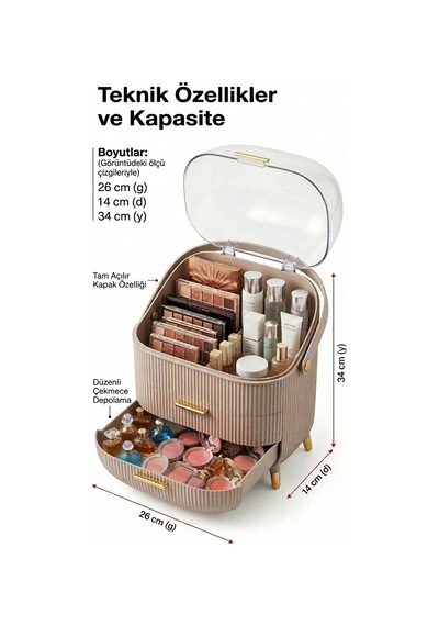 Makri Home Cappuccino Renk Kapaklı Makyaj Organizeri 3 Katlı, Şeffaf Kubbeli, Çekmeceli Düzenleyici Cappuccino