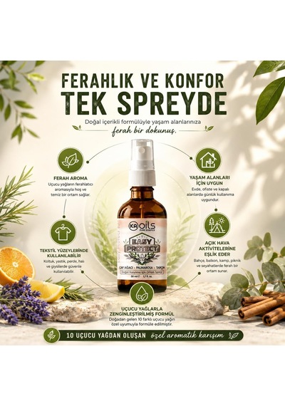 Kaoils Easy Protect Doğal Ortam Spreyi 50 Ml - Sivrisinek, Kene, Akar Ve Haşerelere Karşı Doğal Koruma / 100% Pure Essential Oil Blends / Palmarosa, Tarçın, Çay Ağacı