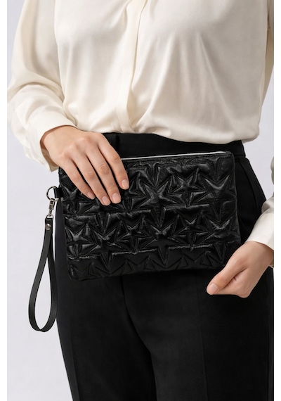 Adelina Bags Yıldız Nakış İşlemeli Portföy El Çantası Bilek Askılı Saten Astarlı Clutch Çanta Siyah