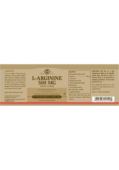Solgar L-arginine 500 Mg 50 Bitkisel Kapsül Çok Renkli