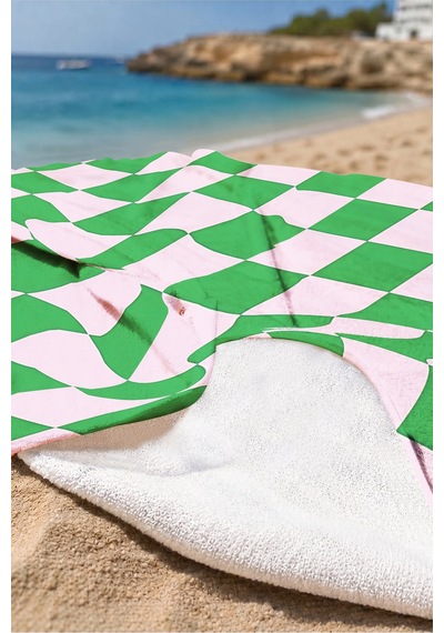 Damalı Kareli Pembe Yeşil Plaj Havlusu - Modern Retro Geometrik Hızlı Kuruyan Mikrofiber Havlu Örtü Çok Renkli
