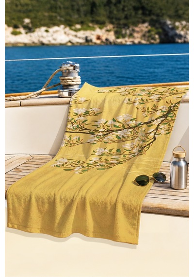 Çiçekli Sarı Floral Plaj Havlusu - Bohem Bahar Dallı Modern Tasarım Hızlı Kuruyan Mikrofiber Havlu Pastel Tozu