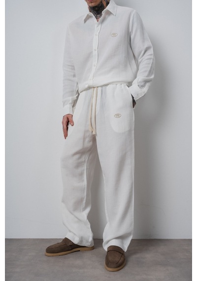Respire Erkek R Nakışlı Müslin Baggy Pantolon Ekru