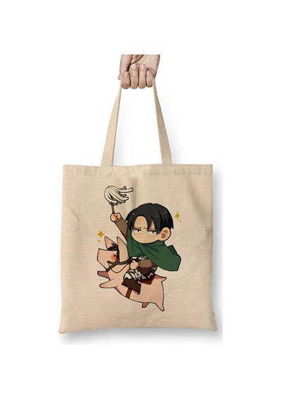 Toyaso Attack On Titan Chibi Levi Bez Çanta Uzun Saplı Alışveriş Çantası Plaj Çantası Beyaz