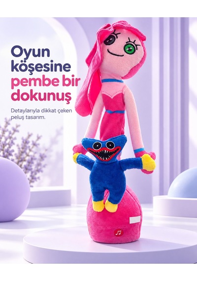 Misan Oyuncak Pembe Peluş Bebek 33 Cm Mavi Canavar Figürlü, Düğme Gözlü Tasarım