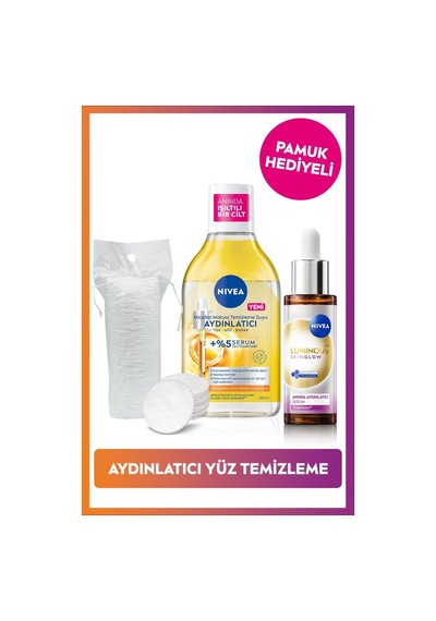 NIVEA Makyaj Temizleme Suyu 400 ML + Luminous630 Skin Glow Aydınlatıcı Serum 30 ML + Pamuk