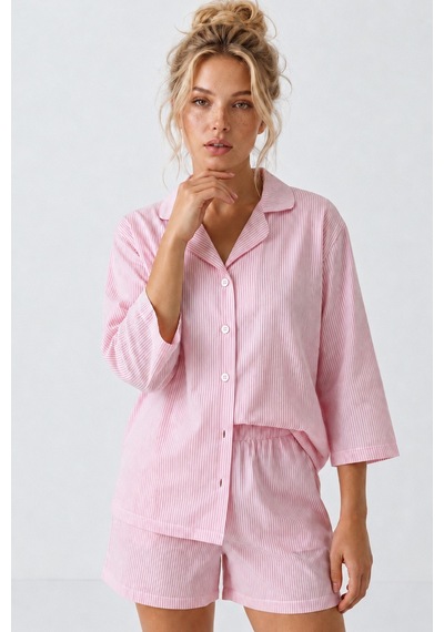 Siyah İnci Düğmeli İnce Soft Örme Şortlu Pijama Takımı 8054 Pembe