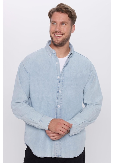 Tudors Erkek Relax Fit Rahat Kesim %100 Pamuk Denim Kot Mavi Düğmeli Yaka Gömlek-32128 Mavi