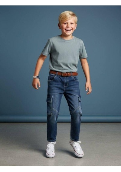 Zekids Erkek Çocuk Kargo Cepli Beli Lastikli Denim Pantolon-16638 Renkli