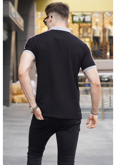 Madmext Siyah Kol Şeritli Polo Yaka Tişört 5888 Siyah
