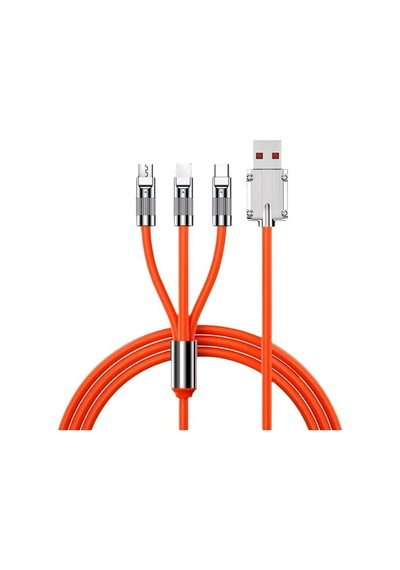 Valkyrie 6A 3in1 Lighting Type-c Micro Sıvı Silikon Data Hızlı Şarj Kablosu Bakır Döşeme Kablo Turuncu