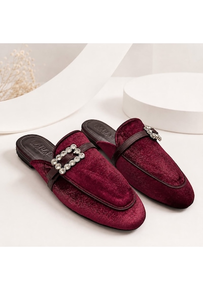 Dabab Shoes Marıgold Kadın Taşlı Tokalı Bordo Kadife Görünümlü Kapalı Burun Düz Taban Mule Terlik
