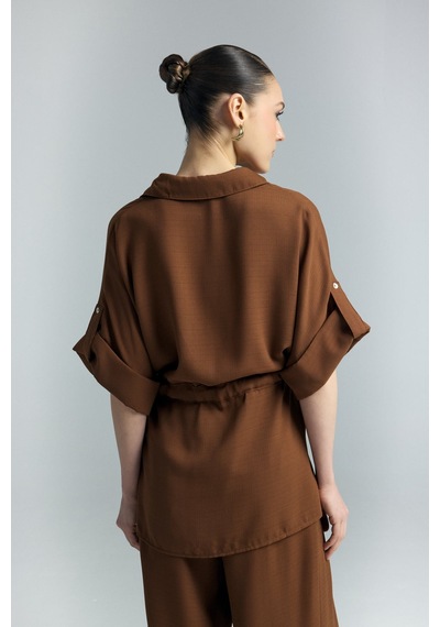 Beli Bağlamalı Kimono Gömlek - Kahve-137287