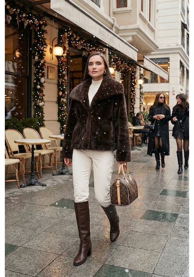Lela Oversize Fit Geniş Yaka Astarlı Bayan Kürk 497Afra Kahve