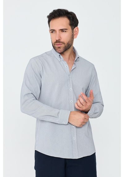 White Stone Füme İnce Çizgili Dynamic Fit Uzun Kollu Gömlek