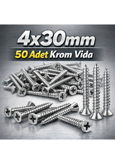 Paslanmaz Krom Vida 4x30mm 30mm 50 Adet M4 Tekne Yat İnox Vida 0.4 MM