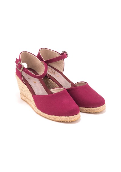Gerçek Elişi Bilekten Bantlı Topuğu Açık Keten Espadril Dolgu Topuk Handmade Bordo