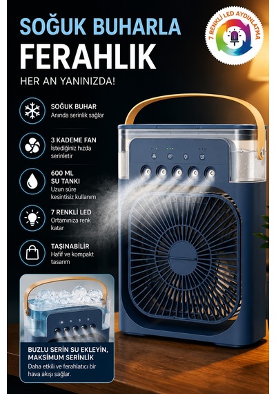 Exenar - Lacivert - Buharlı Serinletici Masaüstü Mini Fan Nemlendirici Led Işıklı Hava Soğutucu Vantilatör 600ml 3kademe