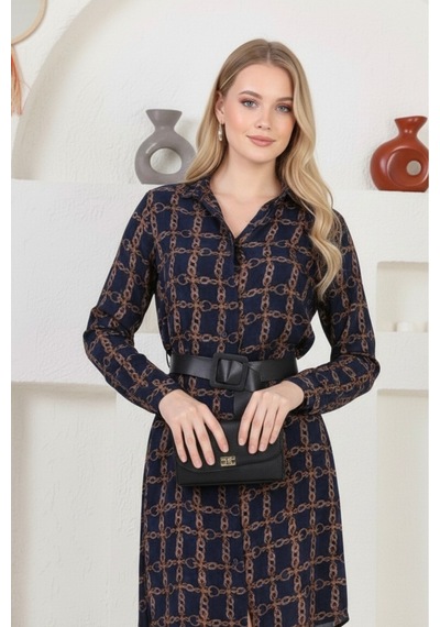 Polologin Butik Lacivert Zincir Desenli Gömlek Elbise - Mini Boy Lacivert