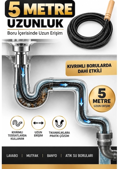 13 Mm 5 Metre Kanal Açıcı Spiral Manuel Gider Açma Susta Teli, Uzun Erişim Kalın Susta