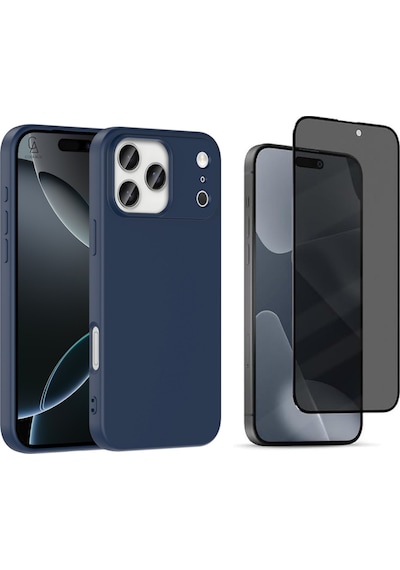 Apple Uyumlu iPhone 17 Pro Içi Kadife Lansman Kılıf Ve Hayalet Tam Kaplayan Cam Ekran Koruyucu Lacivert