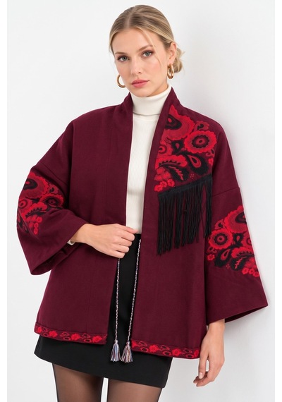 Saade Bordo Etnik Çiçek Nakışlı Püsküllü Kimono Ceket