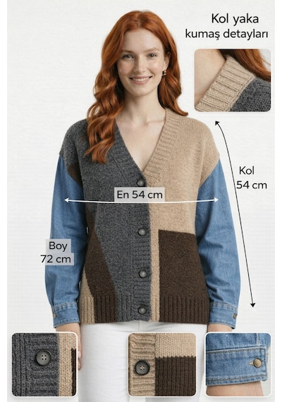 Neden Tekstil Denim Kol Detaylı Renk Bloklu V Yaka Triko Kadın Hırka - Çok Renkli