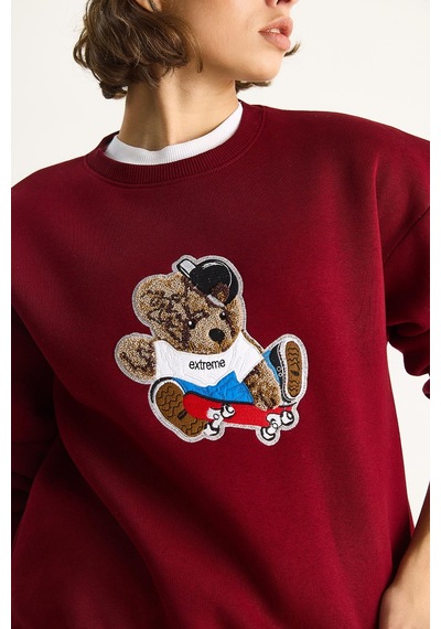Shade Kadın Teddy Nakış İşlemeli Bisiklet Yaka Salaş Sweatshirt 6864 60283522 - Bordo