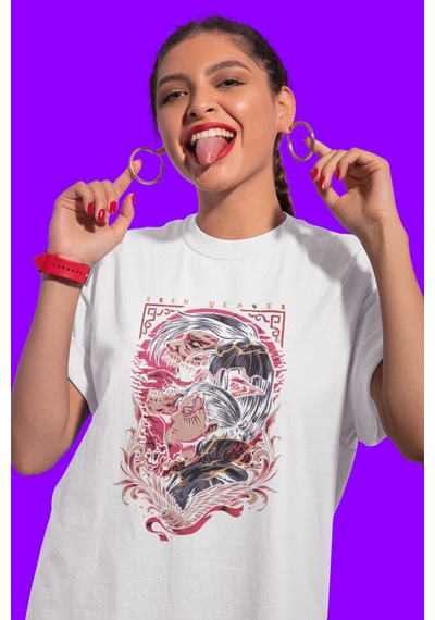 Özel Tasarım Eren Yeager Baskılı Unisex Oversize Attack On Titan Beyaz