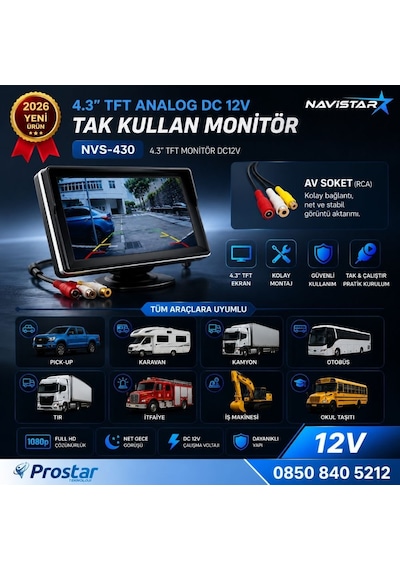 4.3 İnç Tft Analog Araç Monitörü Tak Kullan Rca, Dc 12v Geri Görüş Ekranı