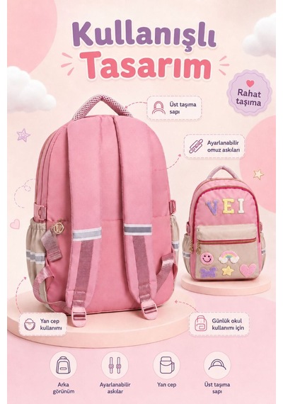 З'lü İlkokul Su Geçirmez Kumaş Çanta Seti Kız Çocuk Sırt Çantası + İçi Folyolu Beslenme Çantası + Kalemlik Pembe Pembe
