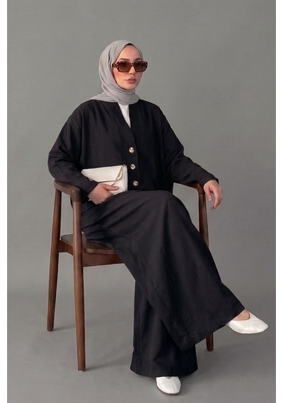 Norshen Kruvaze Kesim Düğmeli Bluz & Etek Görünümlü Geniş Paça Pantolon - Keten Takım siyah Norshen Kruvaze Kesim Düğmeli Bluz & Etek Görünümlü Geniş Paça Pantolon - Keten Takım siyah