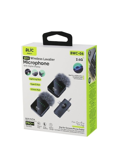 Blic Bwm-06 Kablosuz İkili Yaka Mikrofon 5.0v / 1a Lightning - Type-c - 3.5mm Giriş 3in1 Tüylü