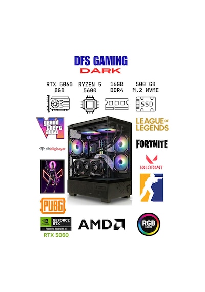 Dfs Gaming Dark R5-5600 16 GB 500 GB M.2 SSD RTX5060 Free Dos Masaüstü Oyuncu Bilgisayarı
