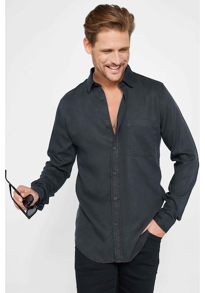 Tudors Slim Fit Uzun Kollu Dar Kesim Spor Yaka Düz Siyah Denim Erkek Gömlek-31322-siyah Siyah