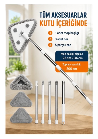 Cleova Üçgen Başlıklı Çekpas Özellikli Cam Temizleme Mop Beyaz - Gri