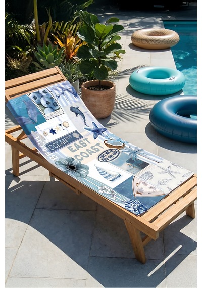 Deniz Temalı Marine Mavi Plaj Havlusu - Tropikal Sahil Kolaj Hızlı Kuruyan Mikrofiber Havlu Sedef Kıyısı