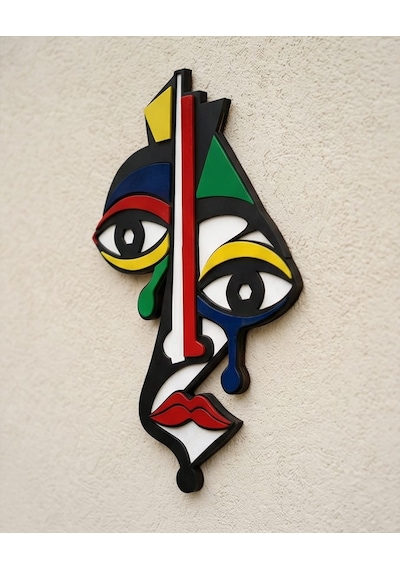 Picasso Tarzı Renkli Ahşap Duvar Mask Mdf - Soyut Yüz Duvar Sanatı. 1