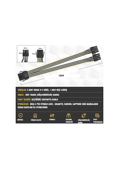 Zauss 6 Pin to 2x PCI-E (6+2) 8 Pin 20 CM Power Kablo Çoklayıcı