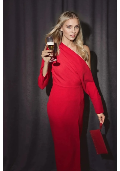 Hiccup Asimetrik Yaka Yırtmaçlı Bodycon Midi Elbise Kırmızı