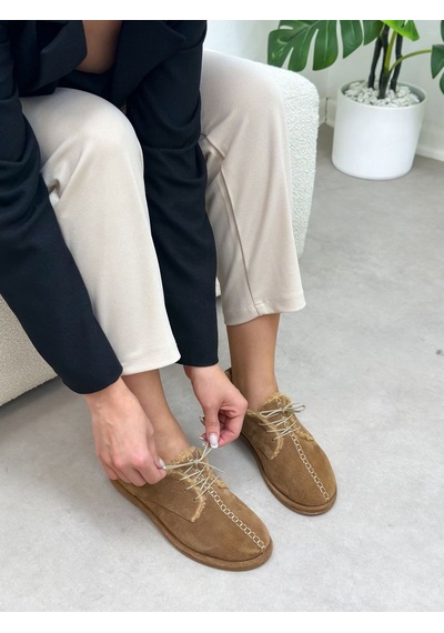 Erva'nın Butiği Camel Hakiki Deri Sorry İçi Peluş Bağcıklı Kadın Ayakkabı-6392