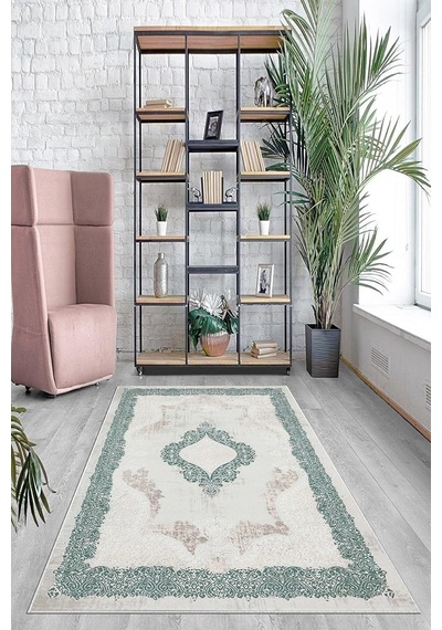 Pelangi Yeşil Çerçeve Osmanlı Motifler Yıkanabilir Kaymaz Taban Leke Tutmaz Modern Salon Halısı Ve Yolluk, Yeşil 80 X 200