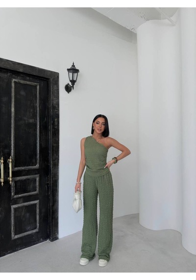 Trend Alisse Tek Omuz Gofre Kumaş Bluz Pantolon Takım Yeşil
