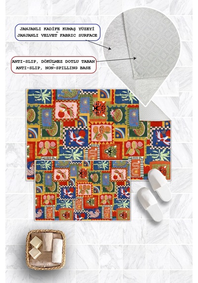 Modern Hayvan Desenli Baskılı Kaymaz Taban 2li Set Banyo Paspası Klozet Takımı 50x60cm-60x100cm çok renkli