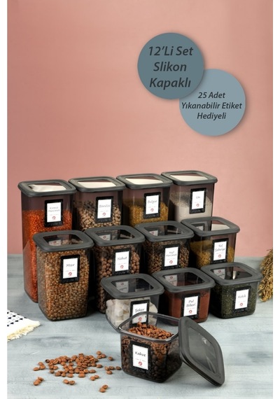 12'li Set Etiketli, Kırılmaz Kare Erzak Saklama Kabı Antrasit X4 1,75 Lt/1,2 Lt/0,5 Lt Füme