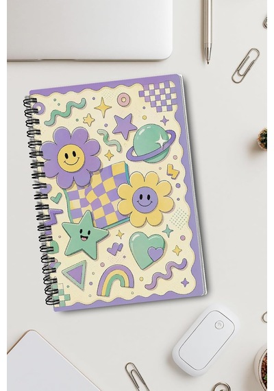 Nostaljik Estetik Papatya Ve Renkli Geometrik Tasarım A5 50 Yaprak 100 Sayfa Spiralli Çizgili Defter