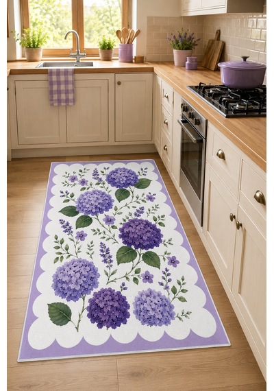 Floral Mor Ortanca Desen Baskılı Kaymaz Yıkanabilir Salon Oturma Odası Mutfak Balkon Halısı Yolluk